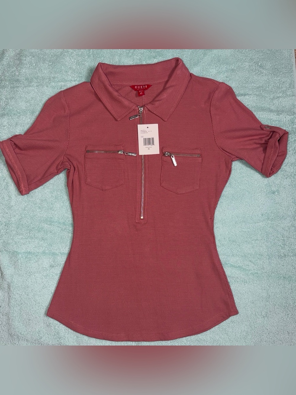 Guess Mauve Ribbed Zip Polo Top